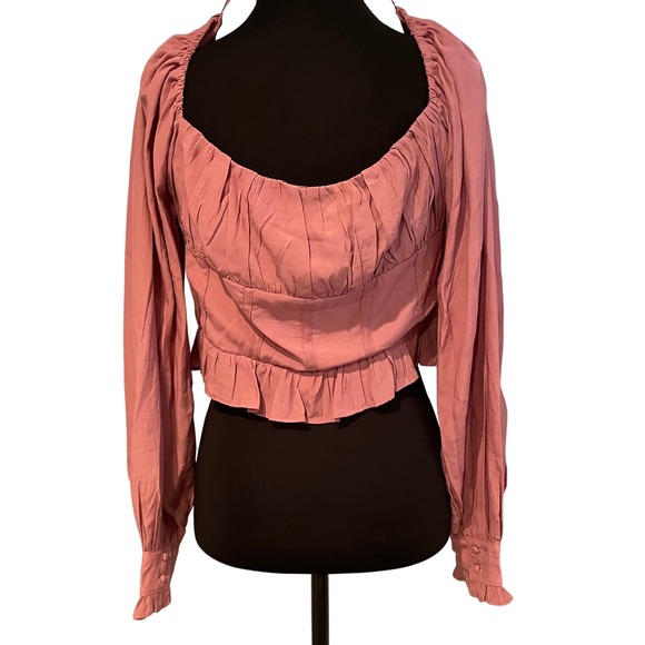 HYFVE Mauve Pink Ruched Bust Tie Front Ruffle Crop Top Long Sleeve Size L - Picture 3 of 7